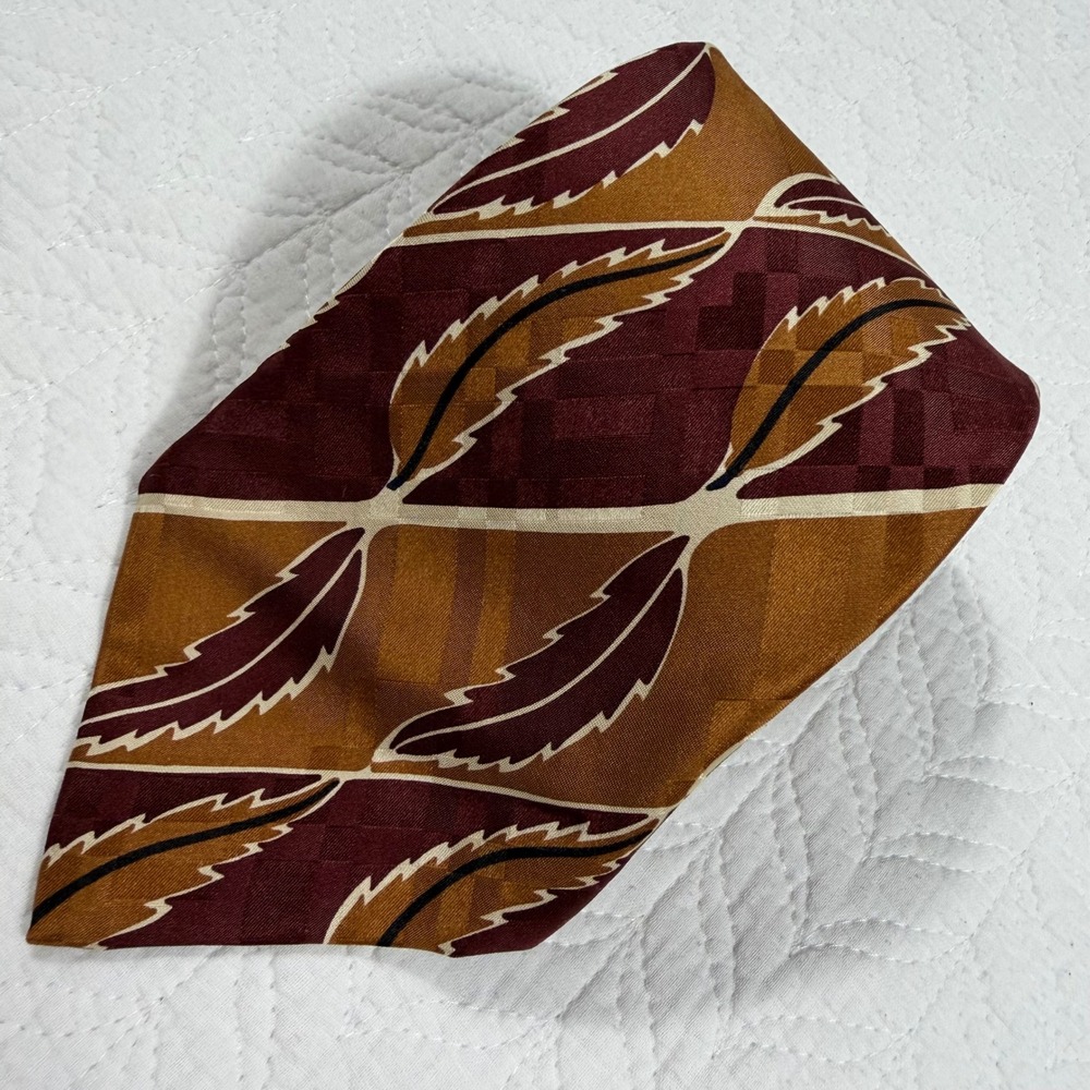 Polo Ralph Lauren Hollywood Collection Silk Tie Burgundy Gold Art Deco Leaf‎ EUC